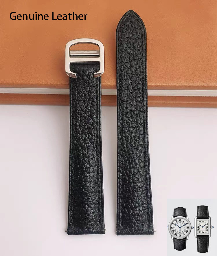 Cartier Watch Santos - สายนาฬิกาหนังแท้เหมาะสำหรับสายนาฬิกาคาร์เทียร์ ซานโตส แทงค์ โซโลสายนาฬิกาหนังวัวสีดำ