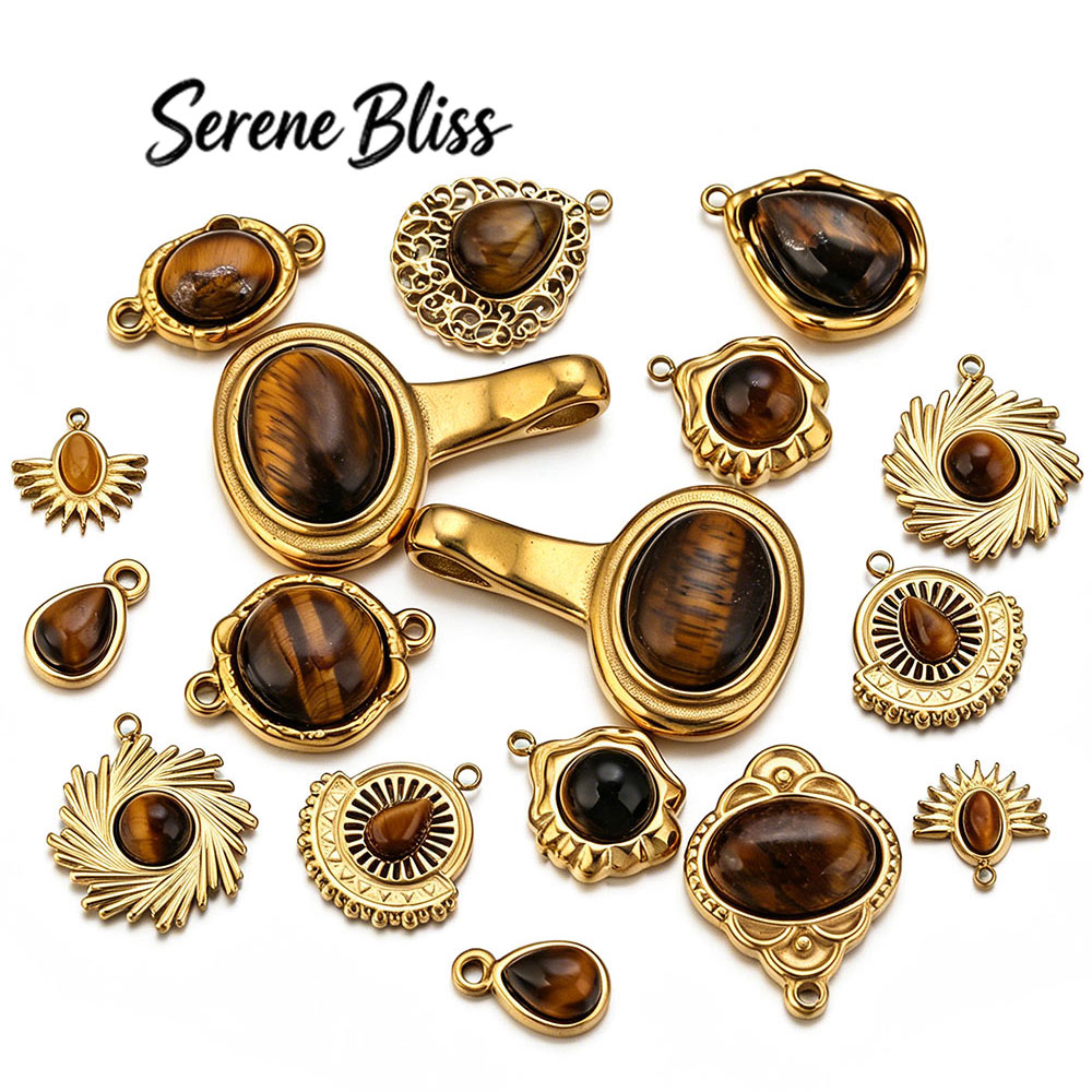 Moon Star Earrings - จี้สแตนเลสฝังหินตาเสือทรงกลมรูปกากบาท 2/3/4/5 ชิ้น สำหรับทำสร้อยคอ ต่างหู กำไลข้อมือ