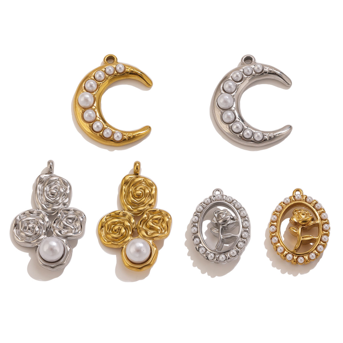 Moon Star Earrings - จี้รูปพระจันทร์และดอกกุหลาบประดับมุก 5 ชิ้น ทำจากสแตนเลสสตีล ชุบทอง 18K
