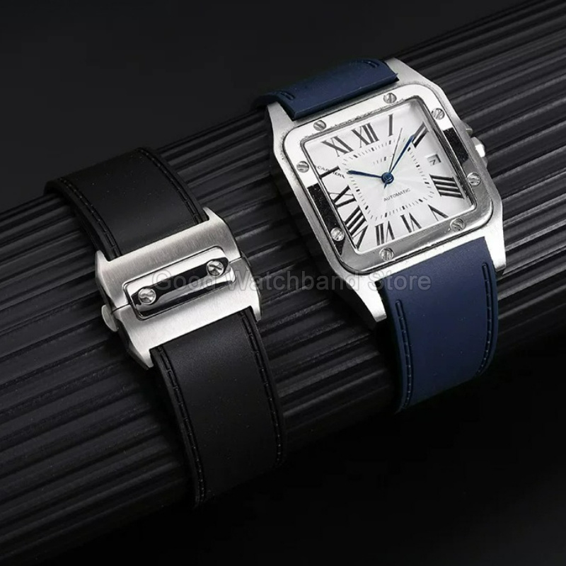 สายนาฬิกายางคุณภาพสูงสีดำน้ำเง - Cartier Watch Santos บทวิจารณ์และราคา